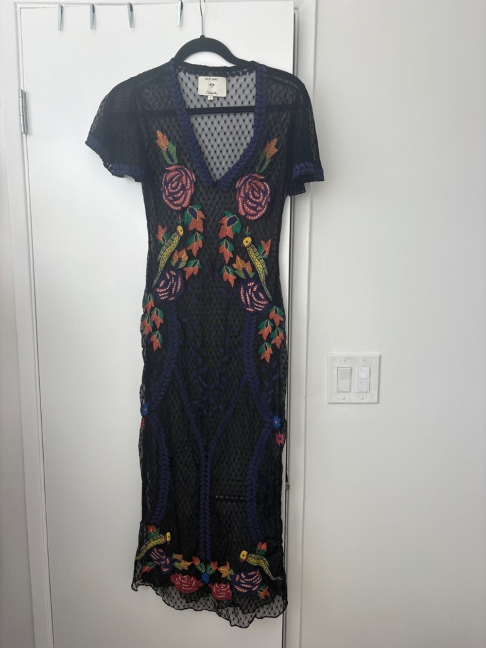 Cleobella Black Sheer Maxi Dress with Multicolor Floral Embroidery